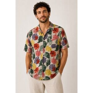 Banks Journal Mens Linen Watercolor Button Up Shirt MEDIUM Tropical Vacation